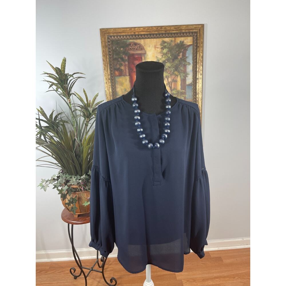 Violet Claire Tunic Top Women's Large Blue Henley‎ Balloon Sleeve Dark Academia